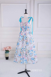 Blue and White Bow Tie Straps Floral Tea-Length Prom Dress lps023