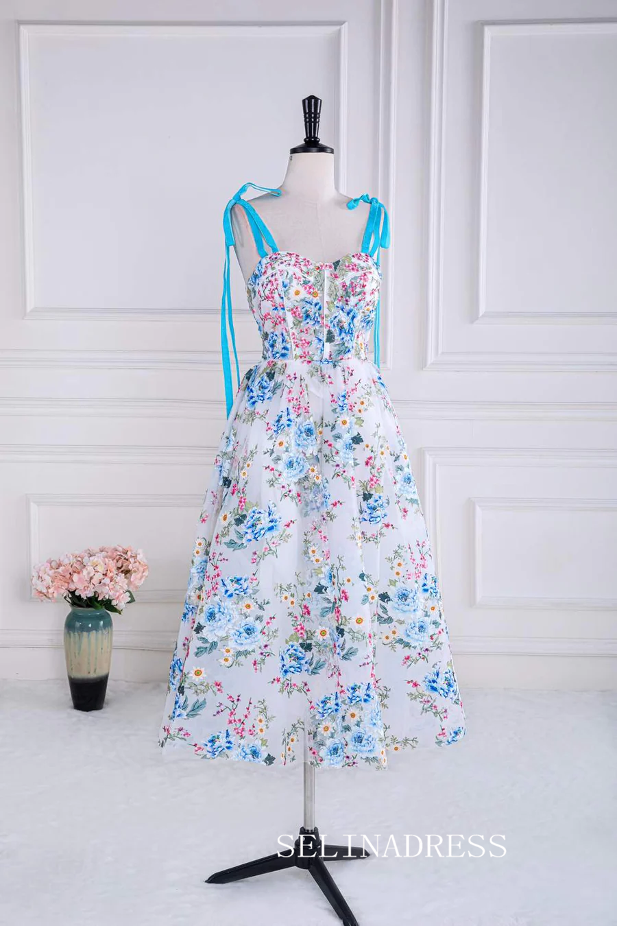 Blue and White Bow Tie Straps Floral Tea-Length Prom Dress lps023 SELINADRESS Blue and White Bow Tie Straps Floral Tea-Length Prom Dress lps023 SELINADRESS