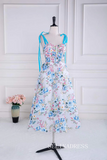 Blue and White Bow Tie Straps Floral Tea-Length Prom Dress lps023