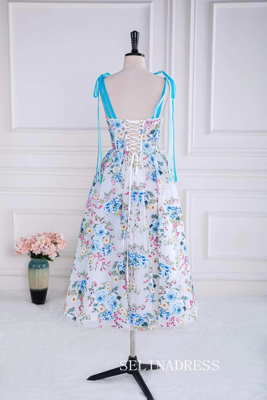 Blue and White Bow Tie Straps Floral Tea-Length Prom Dress lps023 SELINADRESS Blue and White Bow Tie Straps Floral Tea-Length Prom Dress lps023 SELINADRESS