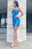 Blue Cut Glass Mirror Straps Mini Homecoming Dress with Slit #TKL0137|Selinadress