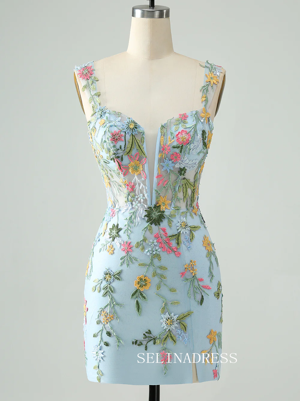 Blue Flower Homecoming Dresses Bodycon Hoco Dress With Embroidery Cock SELINADRESS Blue Flower Homecoming Dresses Bodycon Hoco Dress With Embroidery Cock SELINADRESS