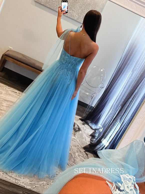 Blue One Shoulder Lace Tulle Long Prom Dress Cheap Evening Gown SEW1259