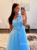 Blue One Shoulder Lace Tulle Long Prom Dress Cheap Evening Gown SEW1259|Selinadress