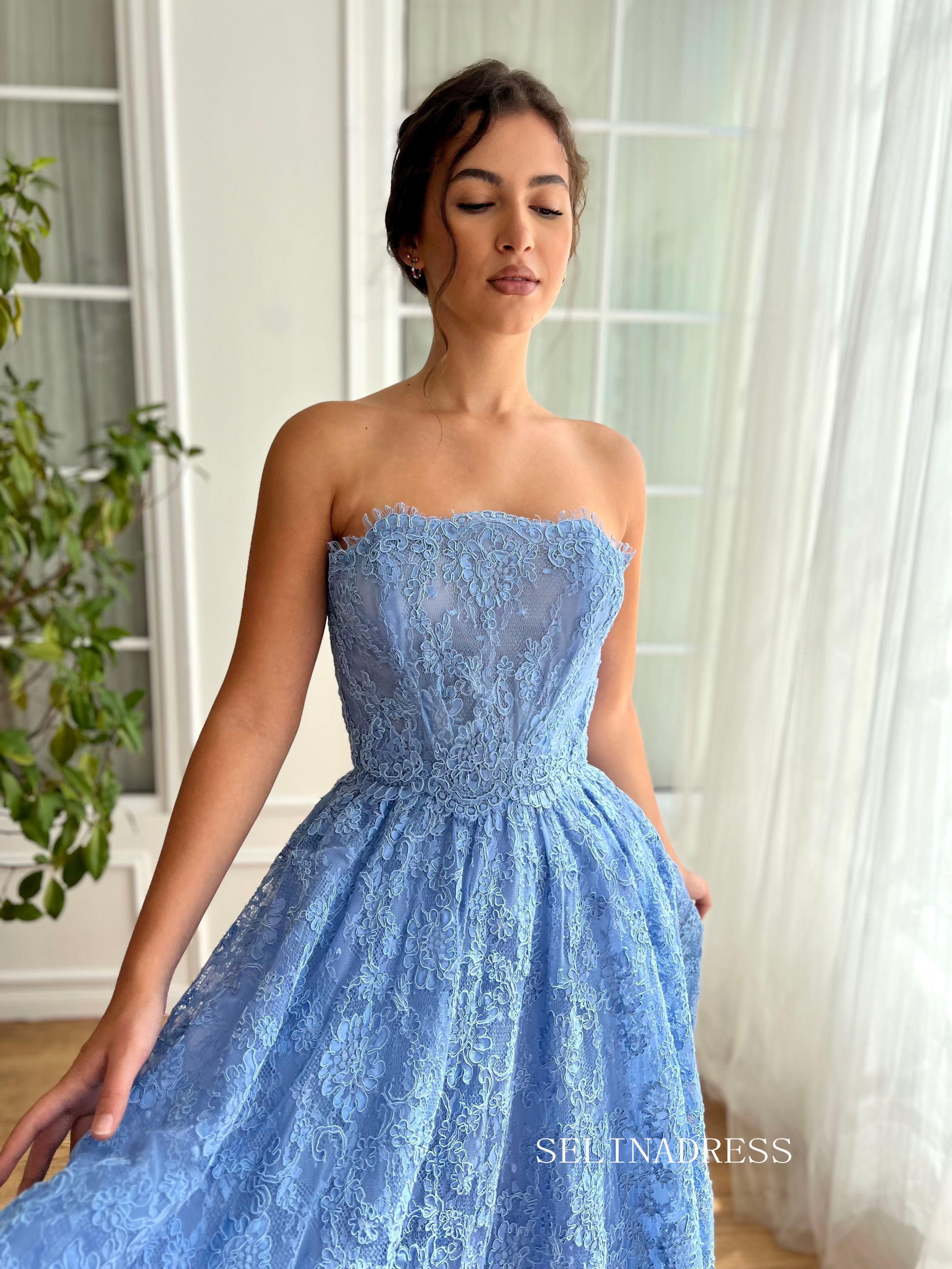 Sky Blue Strapless Lace Midi Prom Dress A line Short Party Dress JKL31 SELINADRESS Sky Blue Strapless Lace Midi Prom Dress A line Short Party Dress JKL31 SELINADRESS
