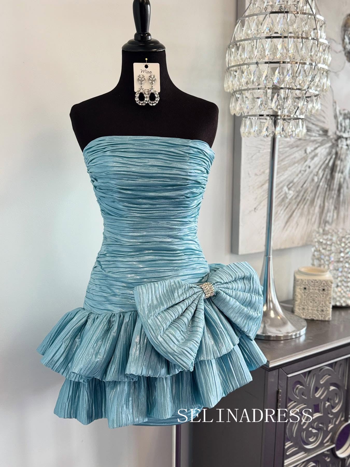 Blue Strapless Short Homecoming Dresses With Bowknot Hoco Dress #REN001|Selinadress