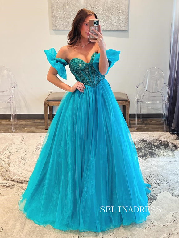 Blue Sweetheart Beaded Organza Long Prom Dress Detachable Sleeves Formal Gown SEW1258|Selinadress