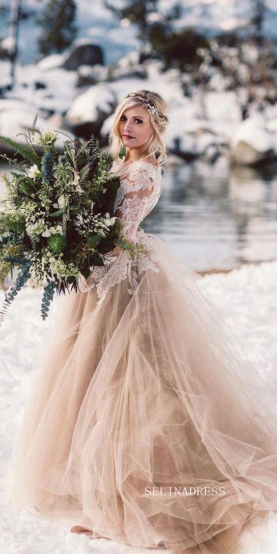 Blush Lace and Tulle Ball Gown with Open Back Wedding Dress COK108|Selinadress