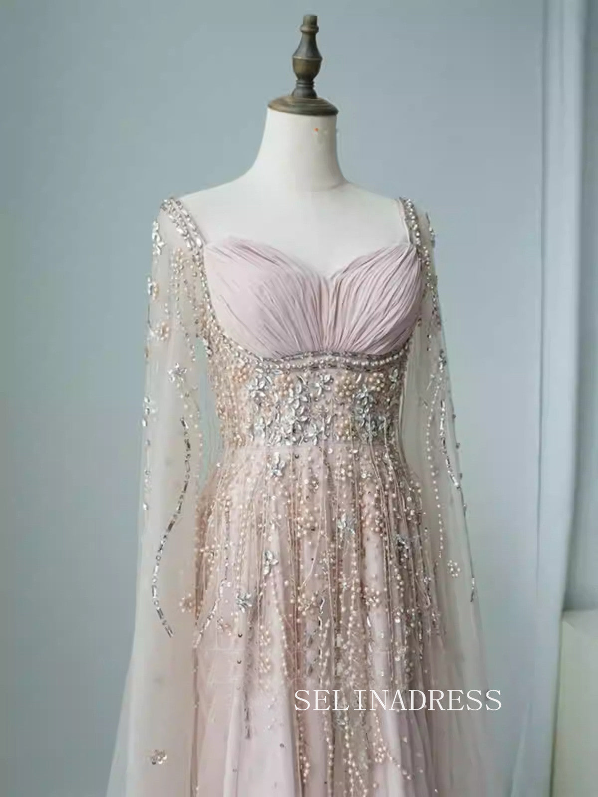 Blush Pink Luxury Beaded Evening Dresses Evening Dress with Cape Sleev SELINADRESS Blush Pink Luxury Beaded Evening Dresses Evening Dress with Cape Sleev SELINADRESS