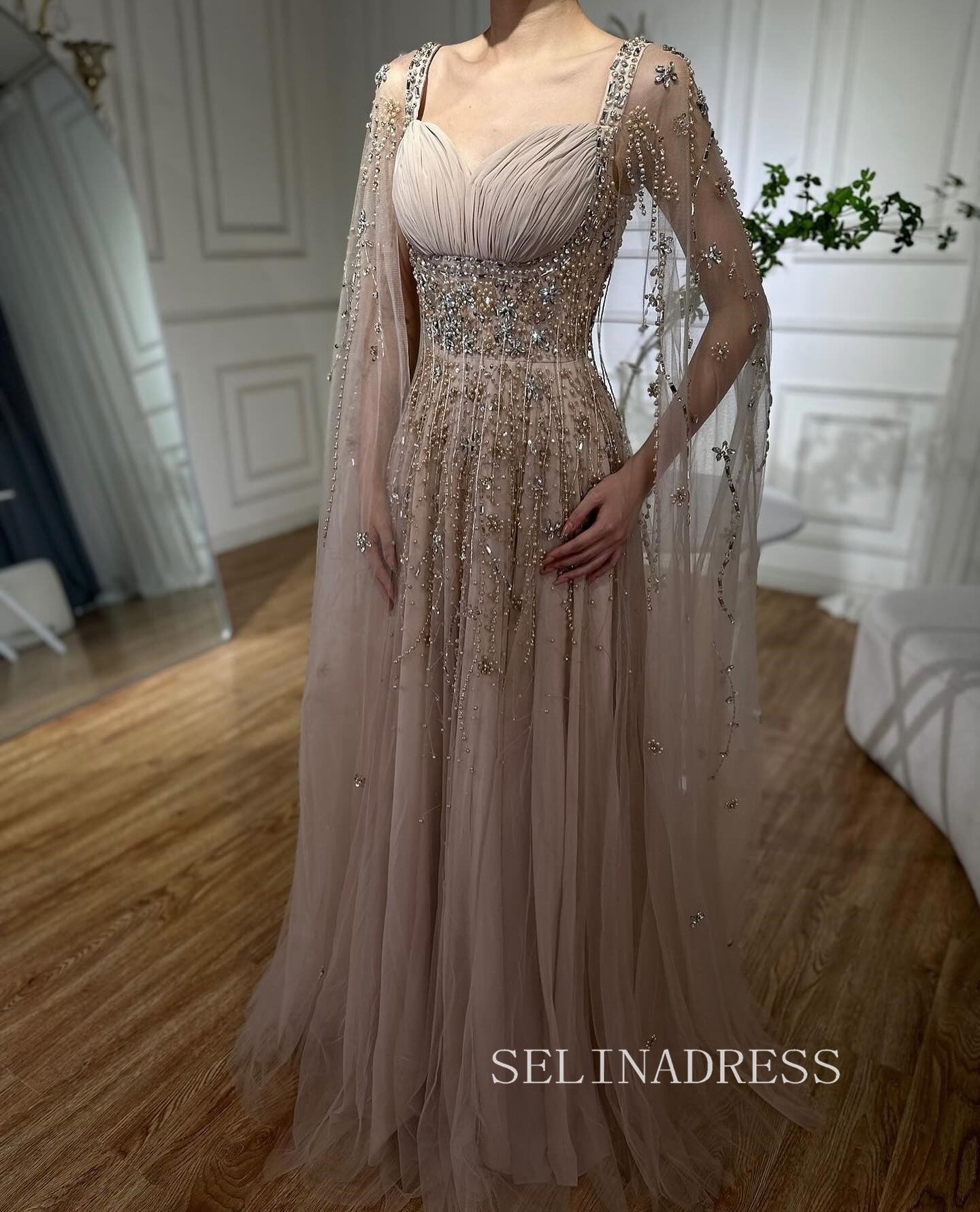 Blush Pink Luxury Beaded Evening Dresses Evening Dress with Cape Sleev SELINADRESS Blush Pink Luxury Beaded Evening Dresses Evening Dress with Cape Sleev SELINADRESS