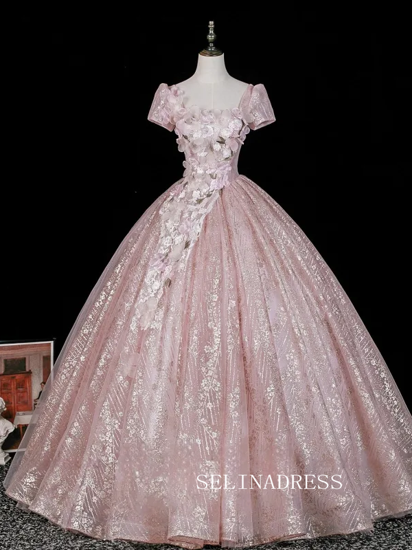 Blushing Pink Beading Sequins Lace Flower Appliques Prom Dresses Square Neckline Backless Ball Gown LET007|Selinadress