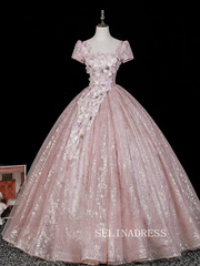 Blushing Pink Beading Sequins Lace Flower Appliques Prom Dresses Square Neckline Backless Ball Gown LET007|Selinadress