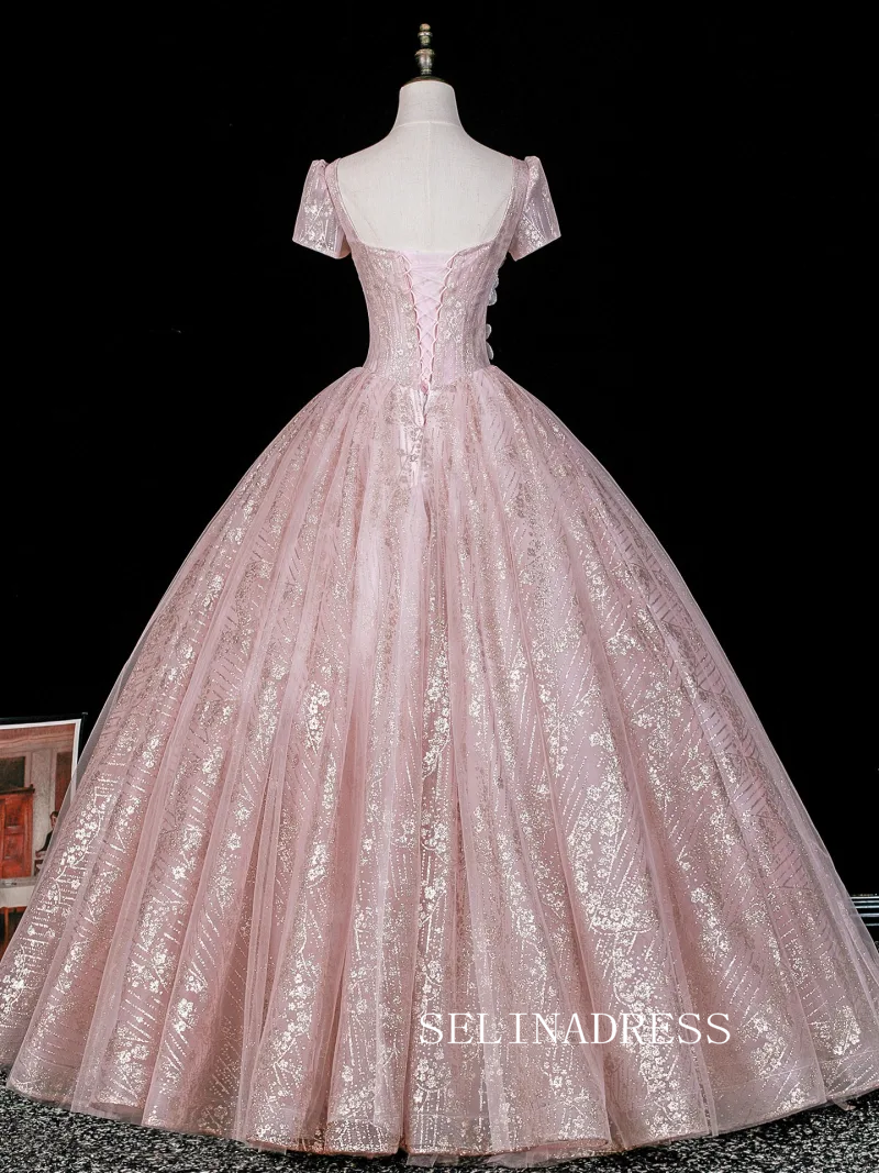 Blushing Pink Beading Sequins Lace Flower Appliques Prom Dresses Square Neckline Backless Ball Gown LET007|Selinadress