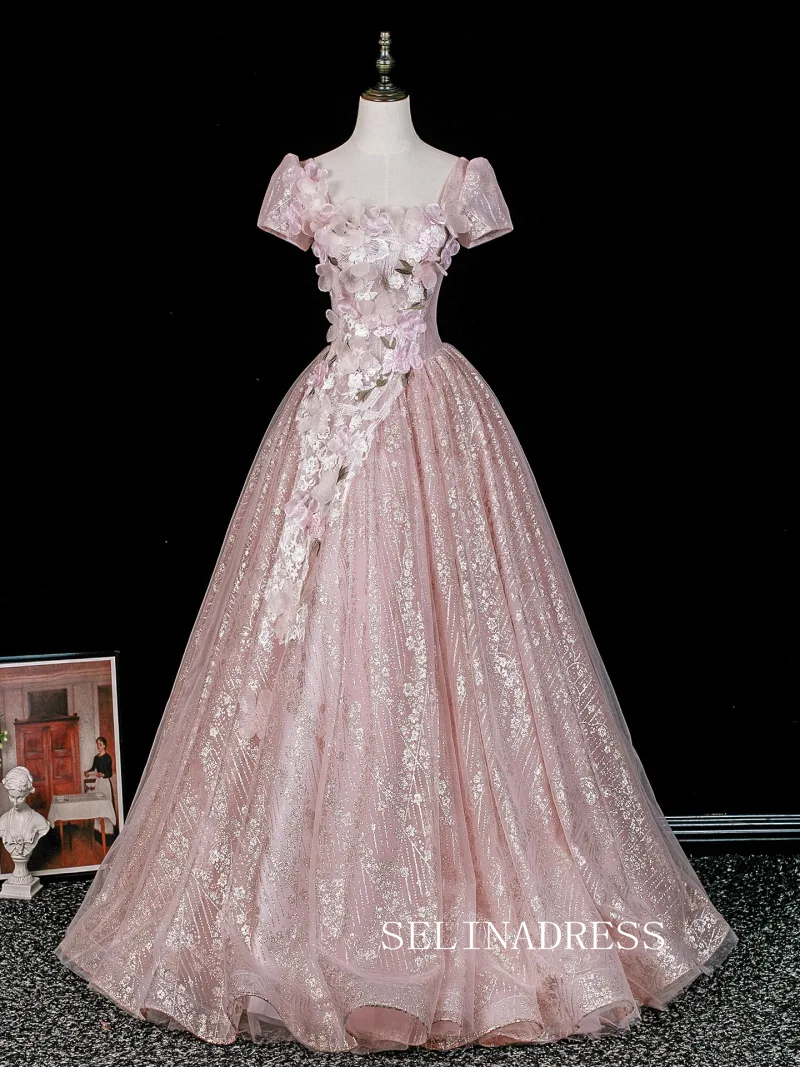 Blushing Pink Beading Sequins Lace Flower Appliques Prom Dresses Square Neckline Backless Ball Gown LET007|Selinadress