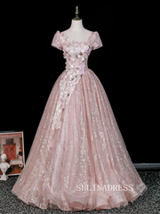 Blushing Pink Beading Sequins Lace Flower Appliques Prom Dresses Square Neckline Backless Ball Gown LET007|Selinadress
