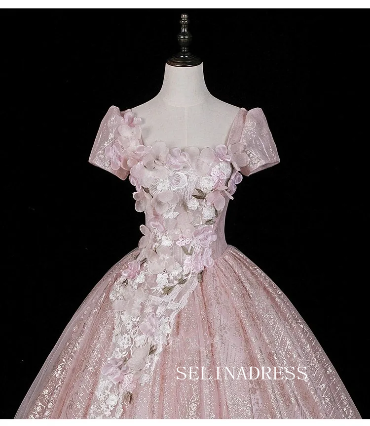 Blushing Pink Beading Sequins Lace Flower Appliques Prom Dresses Square Neckline Backless Ball Gown LET007|Selinadress