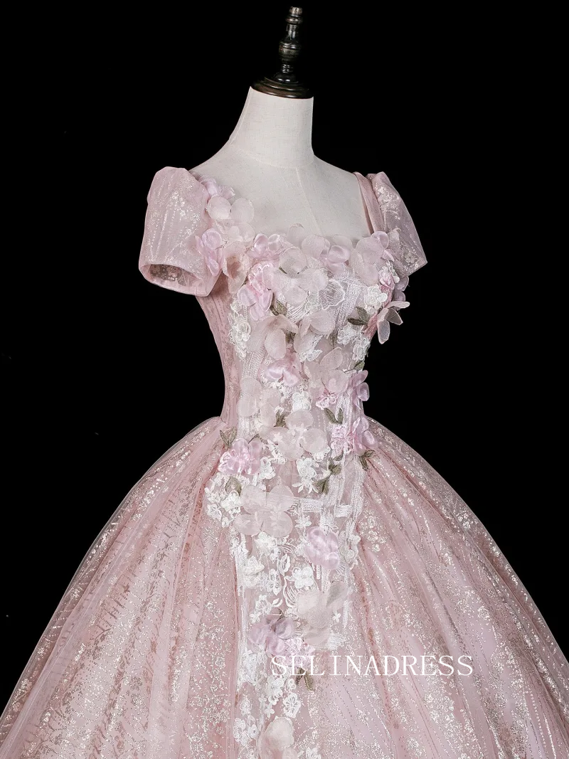 Blushing Pink Beading Sequins Lace Flower Appliques Prom Dresses Square Neckline Backless Ball Gown LET007|Selinadress