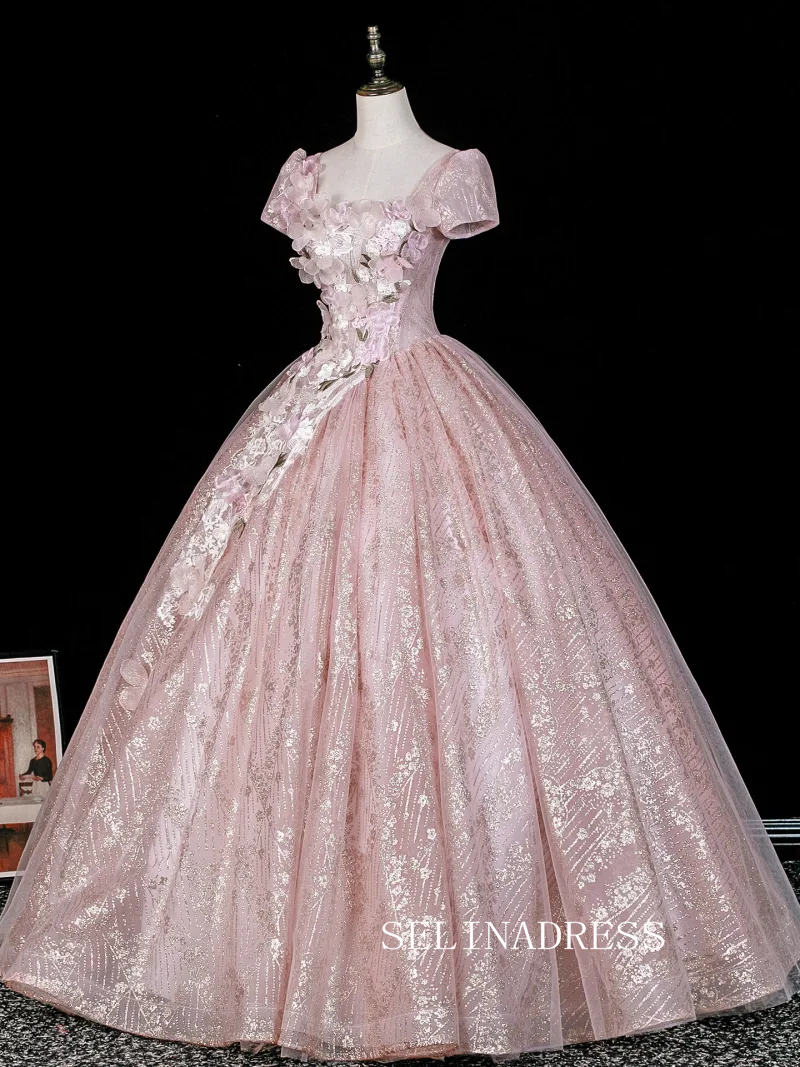 Blushing Pink Beading Sequins Lace Flower Appliques Prom Dresses Square Neckline Backless Ball Gown LET007|Selinadress