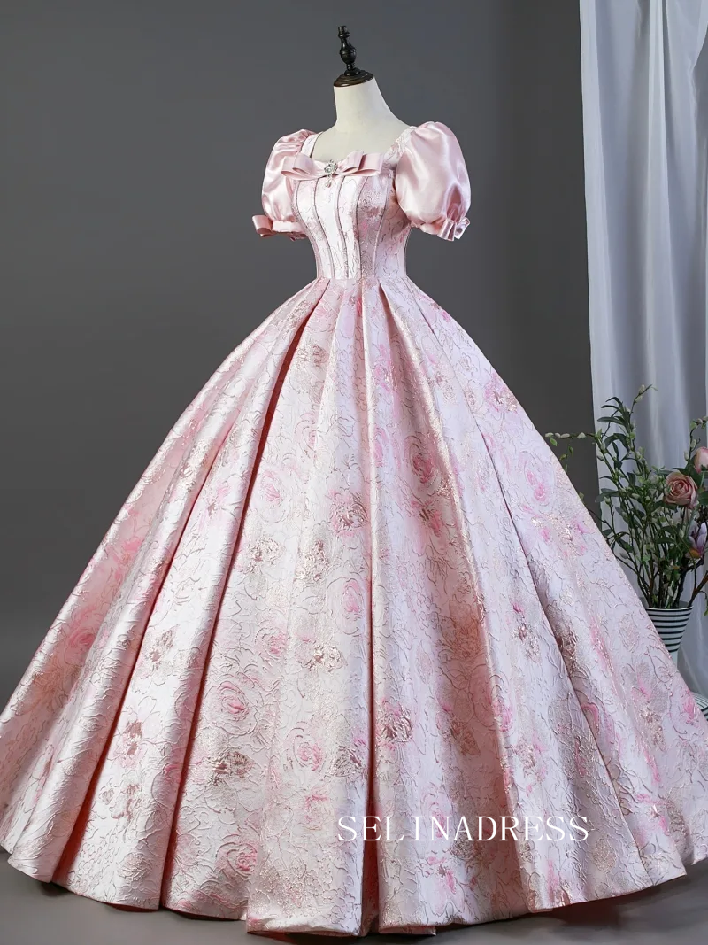 Blushing Pink Lovely Bow Printing Prom Dresses Square Neckline Puffy Short Sleeve Long Ball Gown LET026|Selinadress