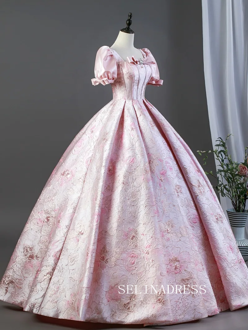 Blushing Pink Lovely Bow Printing Prom Dresses Square Neckline Puffy Short Sleeve Long Ball Gown LET026|Selinadress
