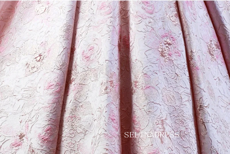 Blushing Pink Lovely Bow Printing Prom Dresses Square Neckline Puffy Short Sleeve Long Ball Gown LET026|Selinadress