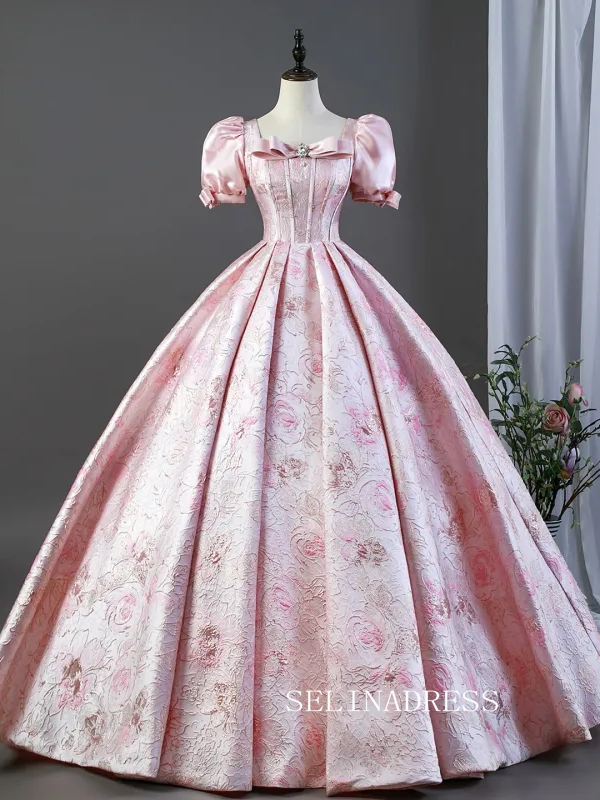 Blushing Pink Lovely Bow Printing Prom Dresses Square Neckline Puffy Short Sleeve Long Ball Gown LET026|Selinadress