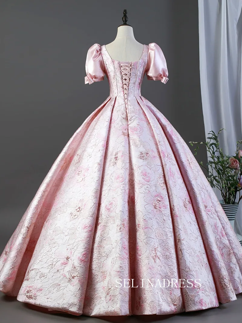Blushing Pink Lovely Bow Printing Prom Dresses Square Neckline Puffy Short Sleeve Long Ball Gown LET026|Selinadress