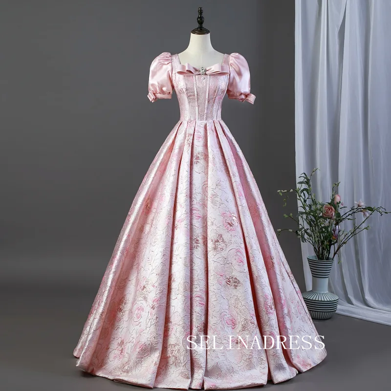 Blushing Pink Lovely Bow Printing Prom Dresses Square Neckline Puffy Short Sleeve Long Ball Gown LET026|Selinadress