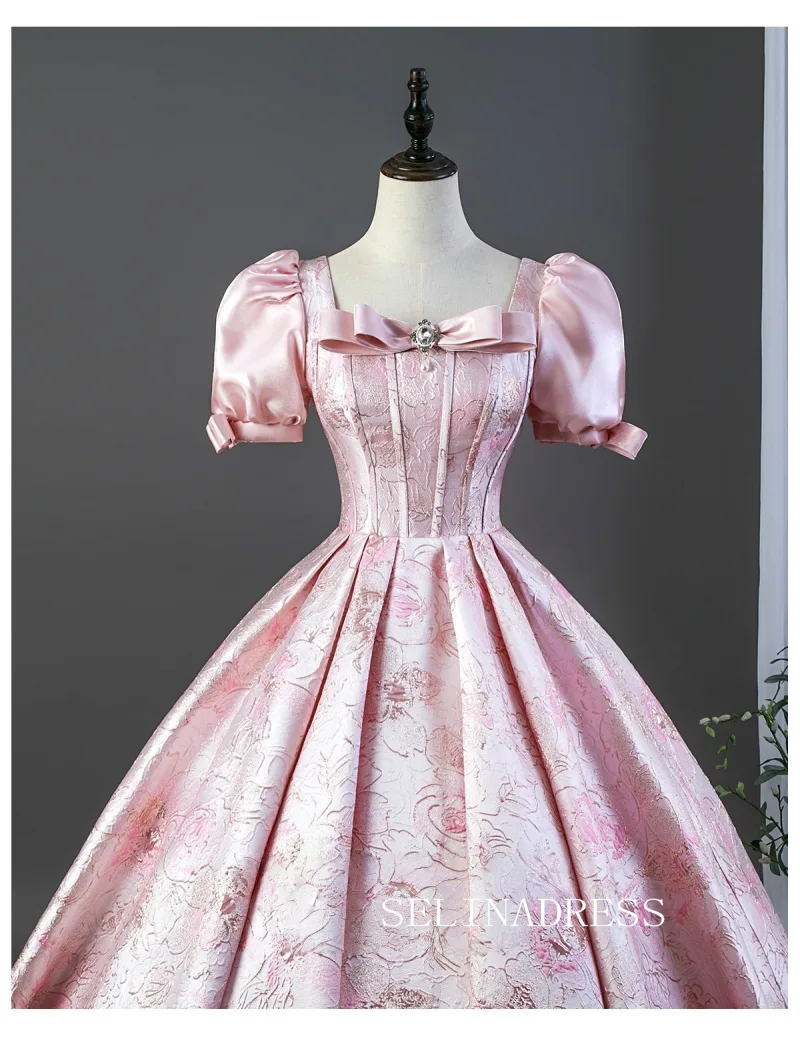 Blushing Pink Lovely Bow Printing Prom Dresses Square Neckline Puffy Short Sleeve Long Ball Gown LET026|Selinadress