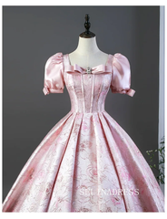 Blushing Pink Lovely Bow Printing Prom Dresses Square Neckline Puffy Short Sleeve Long Ball Gown LET026|Selinadress