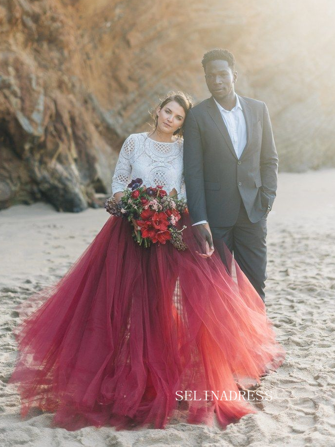 Lace Crop Top with Crimson Tulle Skirt Wedding Gown COK110|Selinadress
