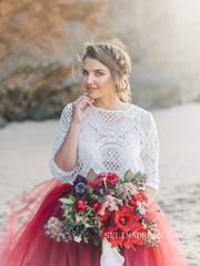 Lace Crop Top with Crimson Tulle Skirt Wedding Gown COK110|Selinadress