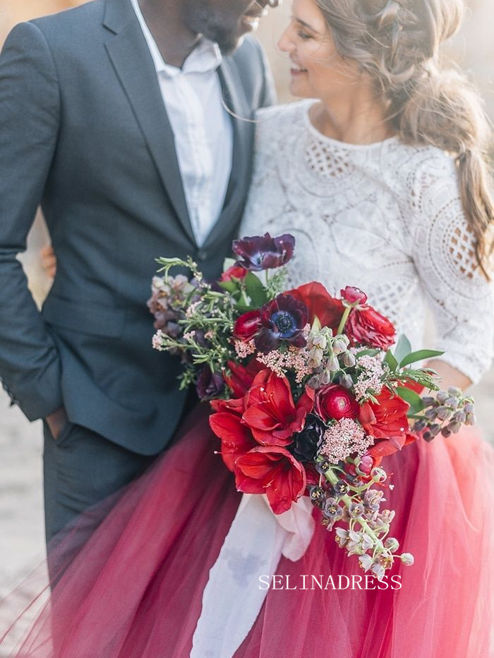 Lace Crop Top with Crimson Tulle Skirt Wedding Gown COK110|Selinadress