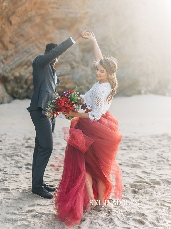 Lace Crop Top with Crimson Tulle Skirt Wedding Gown COK110|Selinadress