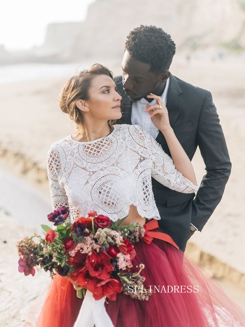 Lace Crop Top with Crimson Tulle Skirt Wedding Gown COK110|Selinadress