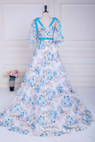 Bow Tie Straps Blue and White Puff Sleeves Long Prom Dress with Slit lps022|Selinadress