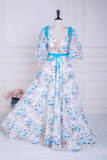 Bow Tie Straps Blue and White Puff Sleeves Long Prom Dress with Slit lps022|Selinadress