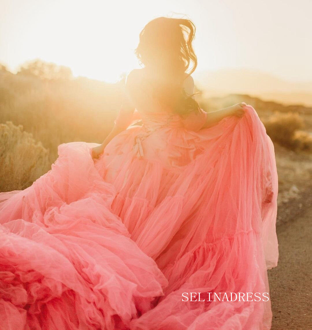Bright Pink Maternity Dress Tulle Lush Long Train Unique Prom Dresses SELINADRESS Bright Pink Maternity Dress Tulle Lush Long Train Unique Prom Dresses SELINADRESS
