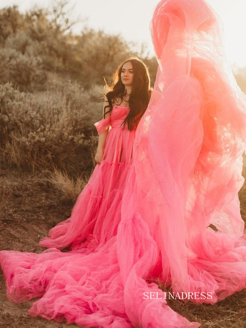 Bright Pink Maternity Dress Tulle Lush Long Train Unique Prom Dresses SELINADRESS Bright Pink Maternity Dress Tulle Lush Long Train Unique Prom Dresses SELINADRESS