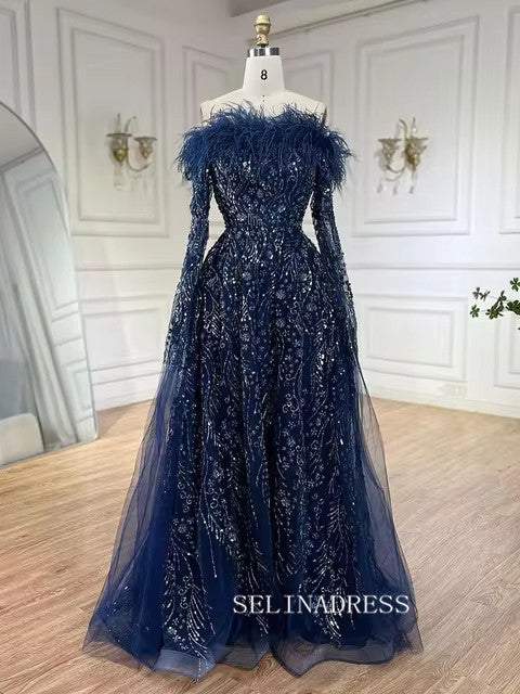 Brown Feathers Beaded Evening Dresses With Cape Sleeves A-Line Gown Fo SELINADRESS Brown Feathers Beaded Evening Dresses With Cape Sleeves A-Line Gown Fo SELINADRESS