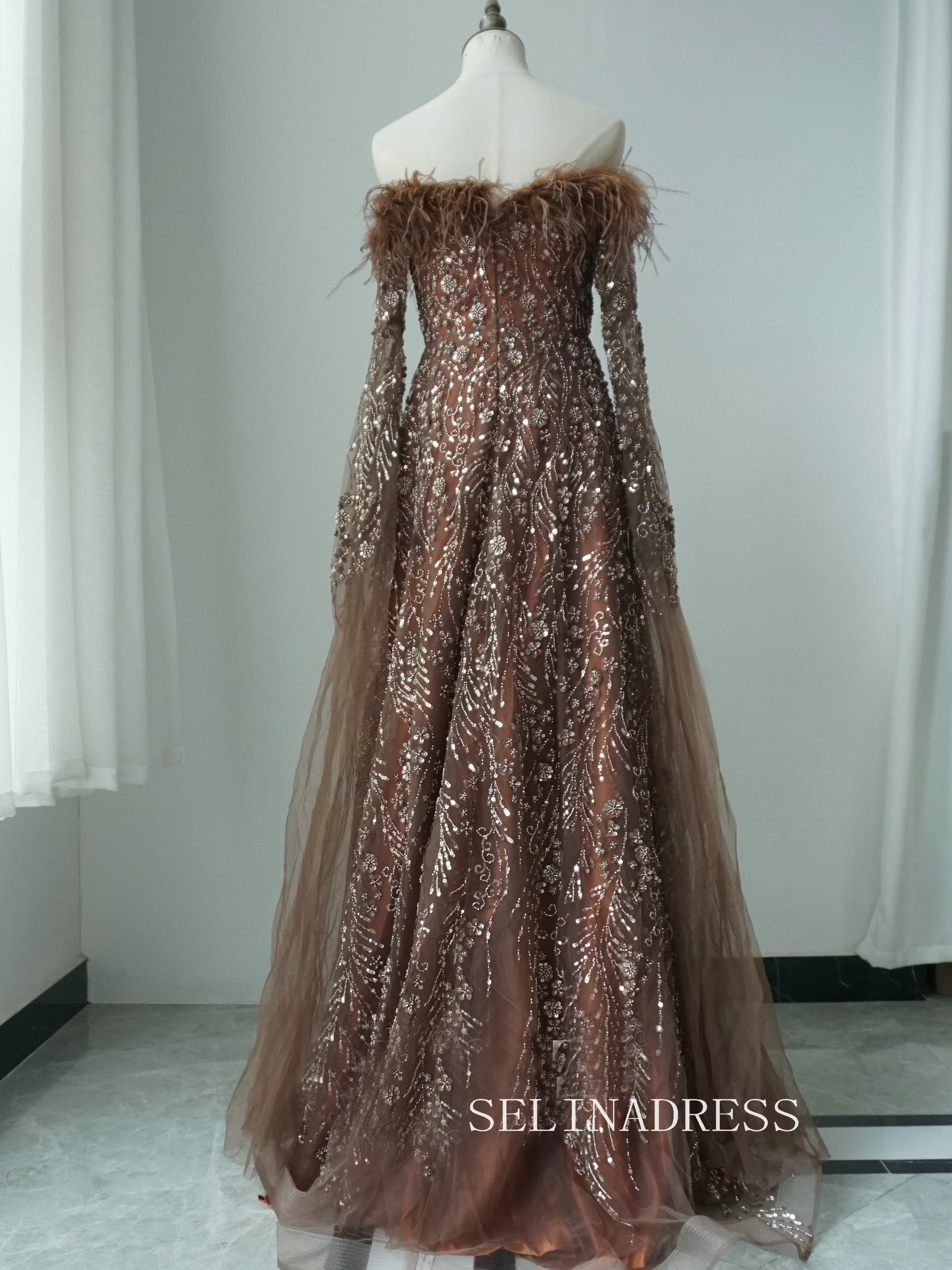 Brown Feathers Beaded Evening Dresses With Cape Sleeves A-Line Gown Fo SELINADRESS Brown Feathers Beaded Evening Dresses With Cape Sleeves A-Line Gown Fo SELINADRESS