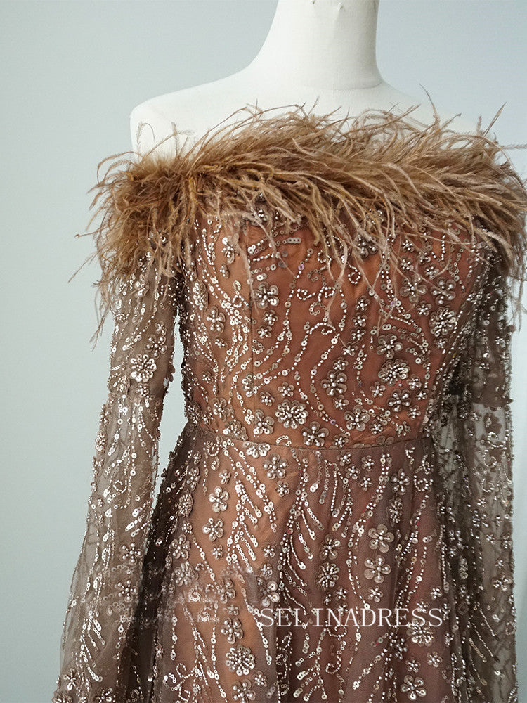 Brown Feathers Beaded Evening Dresses With Cape Sleeves A-Line Gown Fo – SELINADRESS Brown Feathers Beaded Evening Dresses With Cape Sleeves A-Line Gown Fo – SELINADRESS
