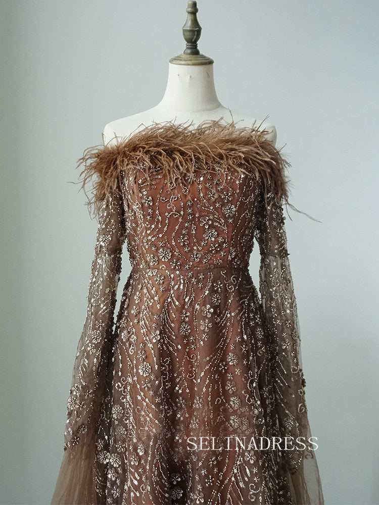 Brown Feathers Beaded Evening Dresses With Cape Sleeves A-Line Gown For Women's Wedding Party ALI0018 Brown Feathers Beaded Evening Dresses With Cape Sleeves A-Line Gown For Women's Wedding Party ALI0018