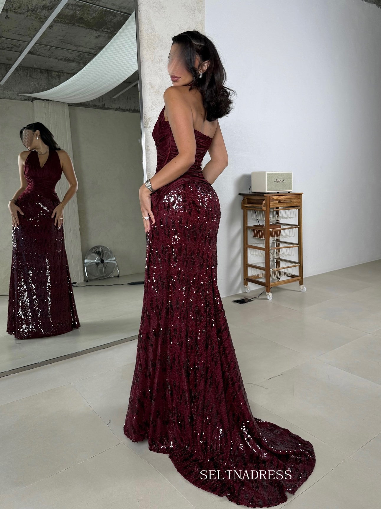 Burgundy Halter Mermaid Long Prom Dress Evening Dress With Sequins TKL607|Selinadress