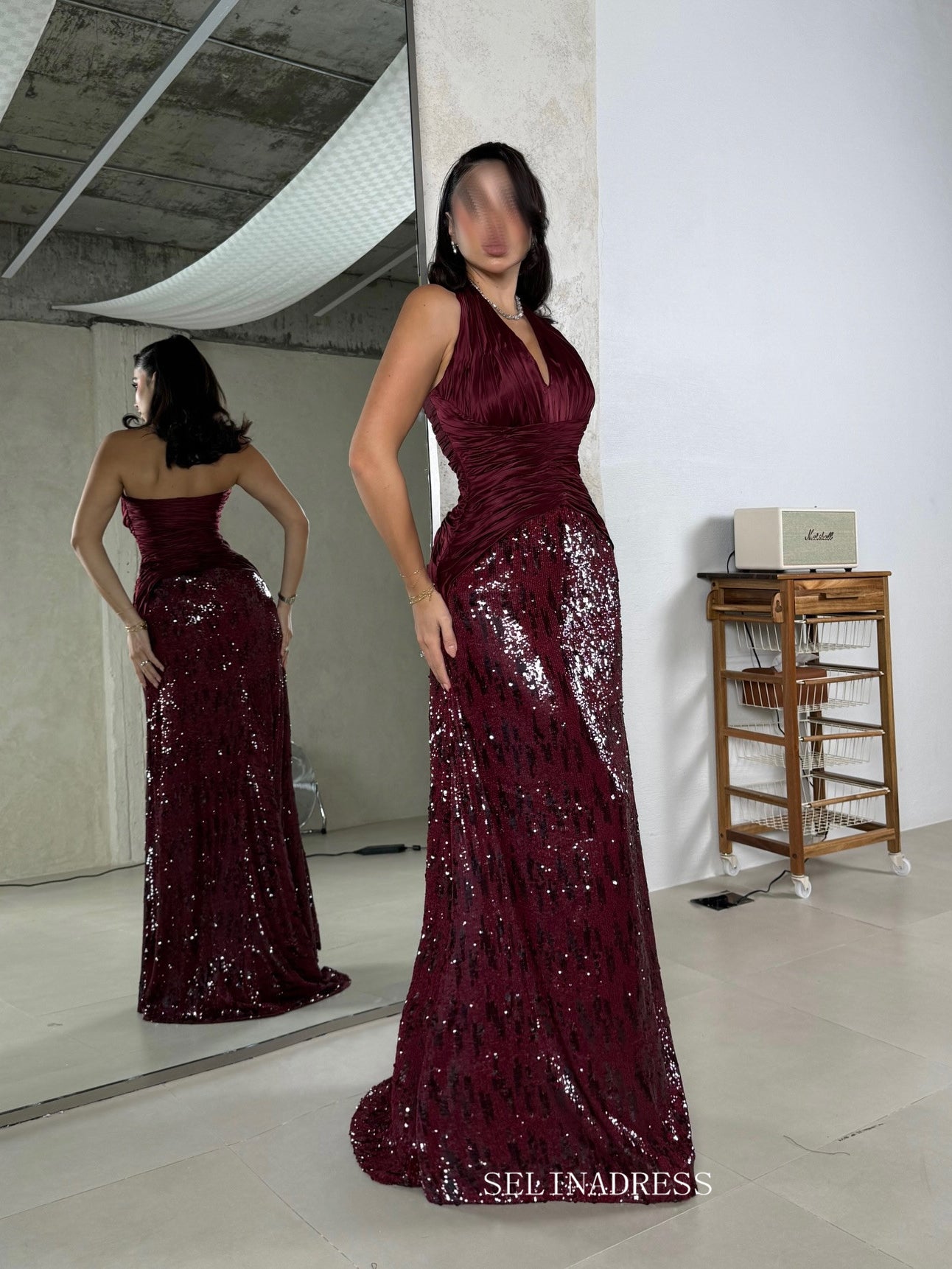 Burgundy Halter Mermaid Long Prom Dress Evening Dress With Sequins TKL607|Selinadress