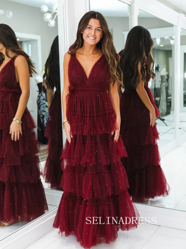 Burgundy Tiered Pearl Tulle Prom Dress V neck Evening Dress SEA206|Selinadress