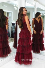 Burgundy Tiered Pearl Tulle Prom Dress V neck Evening Dress SEA206|Selinadress