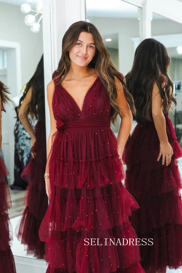 Burgundy Tiered Pearl Tulle Prom Dress V neck Evening Dress SEA206|Selinadress