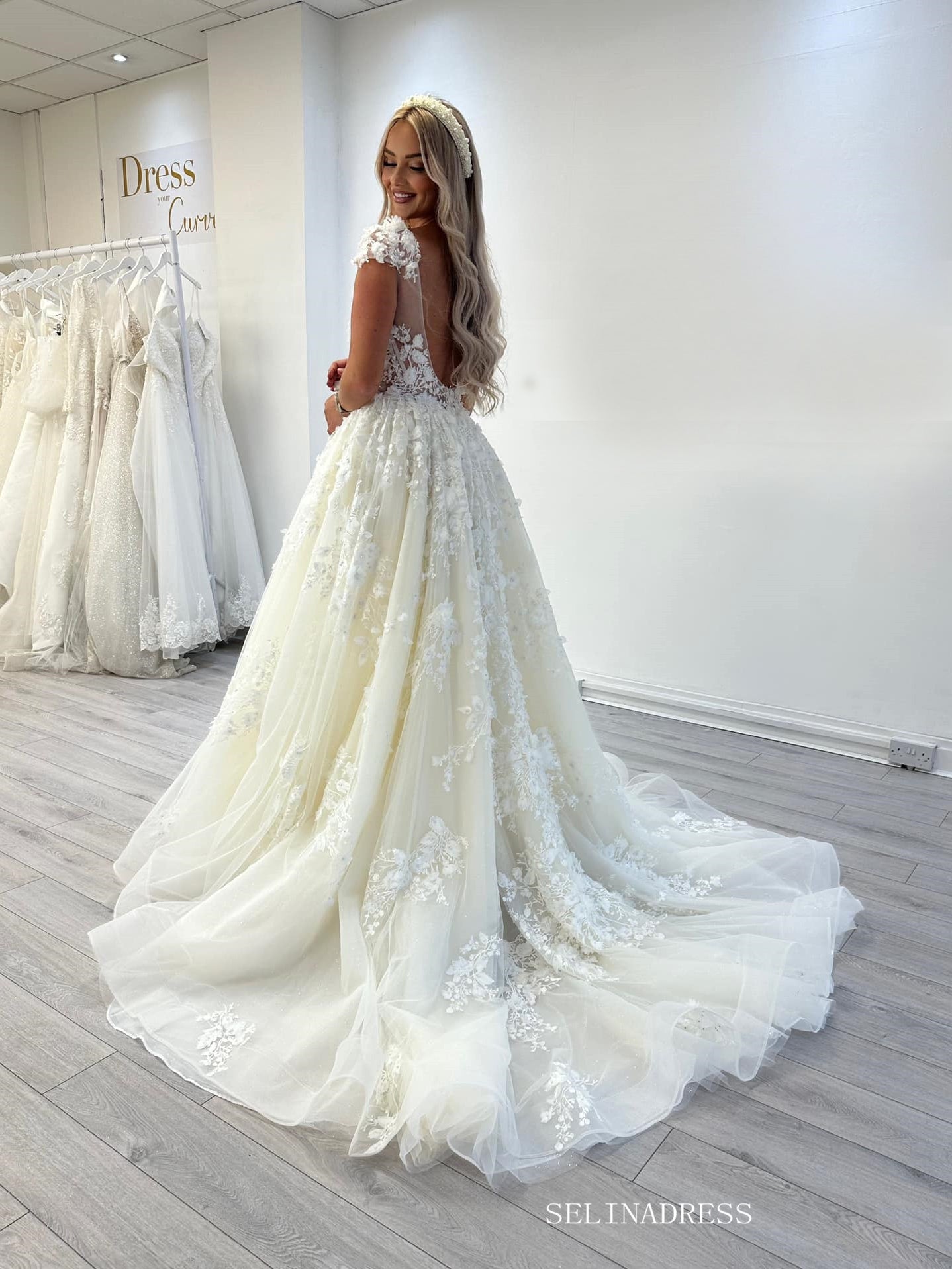 Cap Sleeve V neck Lace Ball Gown Wedding Dresses SEK002 SELINADRESS Cap Sleeve V neck Lace Ball Gown Wedding Dresses SEK002 SELINADRESS