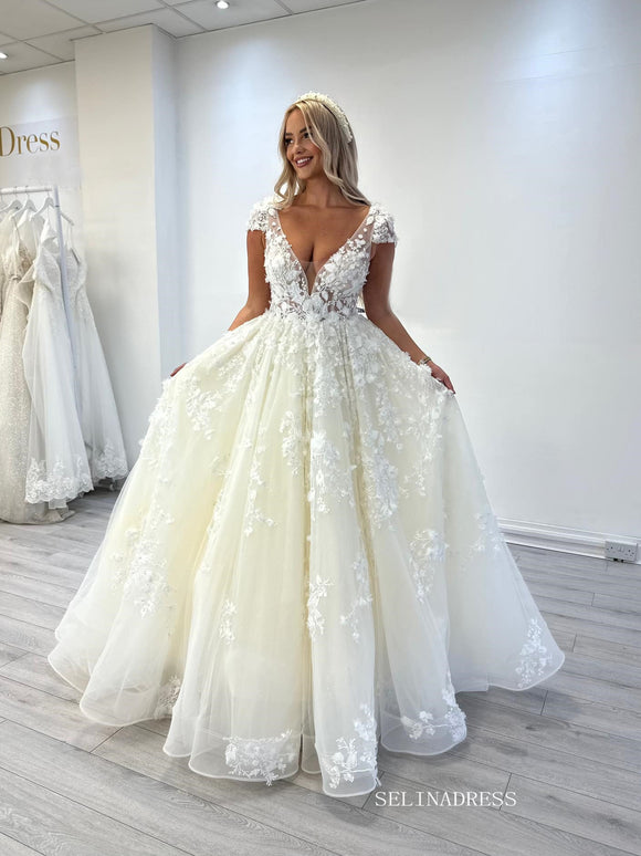 Cap Sleeve V neck Lace Ball Gown Wedding Dresses SEK002|Selinadress